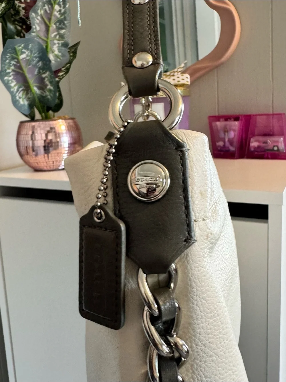 Coach Cream Leather Shoulder Bag with Black Trim